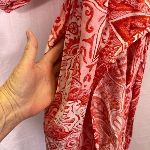 Mara Hoffman Red Floral Adonia Paisley Printed Puff Sleeve Wrap Midi Dress XS - Picture 7 of 9
